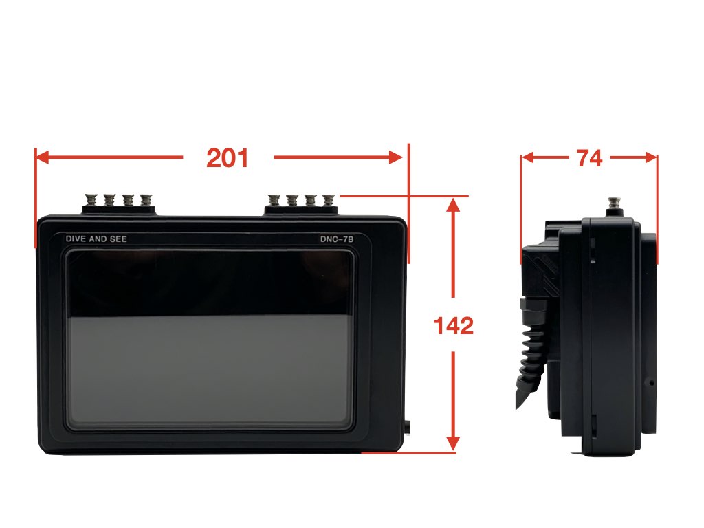 다이빙 및 보기의 개요 치수, diveandsee, dnc-7b 7인치 7 수중, 외부 모니터, 4k hdmi sdi 모니터, 맞춤형 벌크헤드 커넥터가 있는 다이빙 모니터
